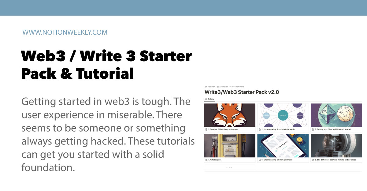 Card showing the web3 - write3 starter pack image screenshot from the linked Notion Template